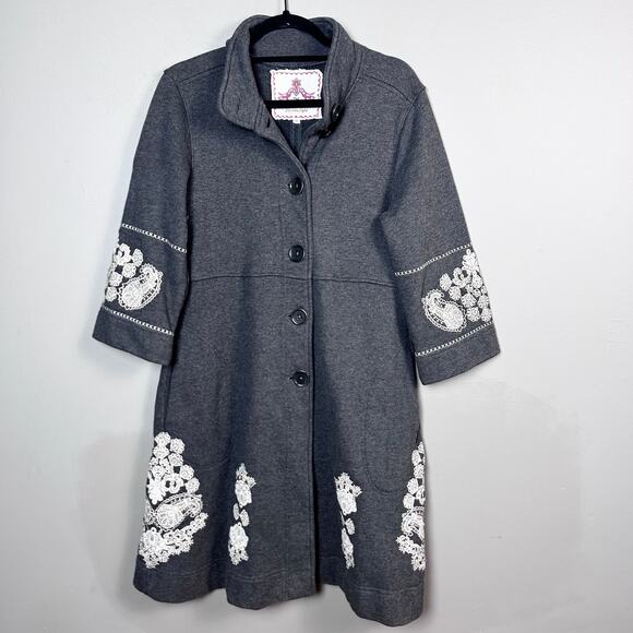 Johnny Was coat Medium gray duster fitted peplum midi embroidered cotton - Picture 1 of 16
